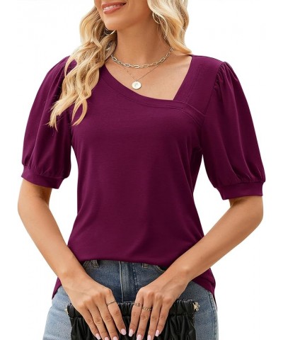 Women Puff Sleeves Tops Fashion Asymmetrical Neck Shirt Dressy Casual Tunic Blouses S-2XL Purple Red $16.42 Tops