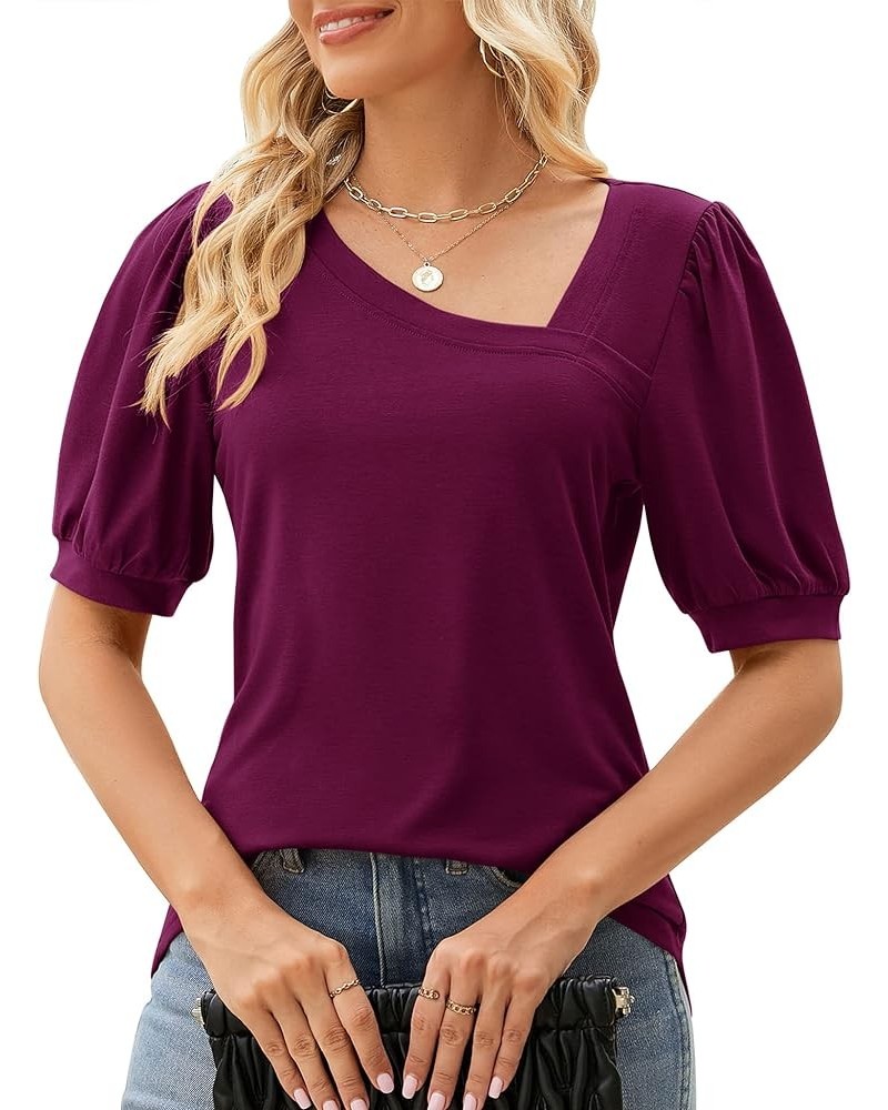 Women Puff Sleeves Tops Fashion Asymmetrical Neck Shirt Dressy Casual Tunic Blouses S-2XL Purple Red $16.42 Tops