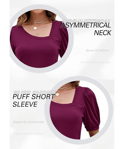 Women Puff Sleeves Tops Fashion Asymmetrical Neck Shirt Dressy Casual Tunic Blouses S-2XL Purple Red $16.42 Tops