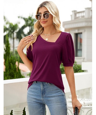 Women Puff Sleeves Tops Fashion Asymmetrical Neck Shirt Dressy Casual Tunic Blouses S-2XL Purple Red $16.42 Tops