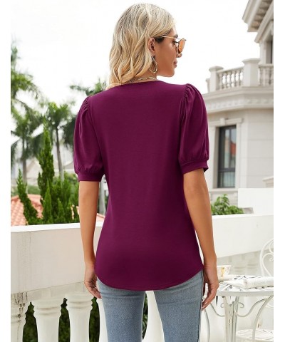 Women Puff Sleeves Tops Fashion Asymmetrical Neck Shirt Dressy Casual Tunic Blouses S-2XL Purple Red $16.42 Tops