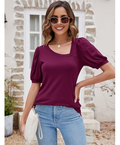 Women Puff Sleeves Tops Fashion Asymmetrical Neck Shirt Dressy Casual Tunic Blouses S-2XL Purple Red $16.42 Tops