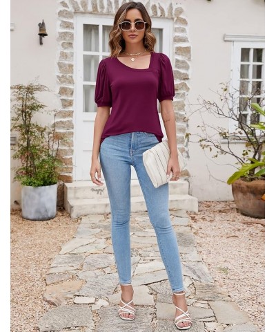 Women Puff Sleeves Tops Fashion Asymmetrical Neck Shirt Dressy Casual Tunic Blouses S-2XL Purple Red $16.42 Tops