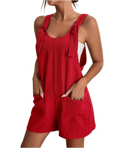 Womens Short Rompers Summer Casual Loose Sleeveless Overalls Linen Adjustable Tie Knot Strap Jumpsuits with Pockets Red $5.82...