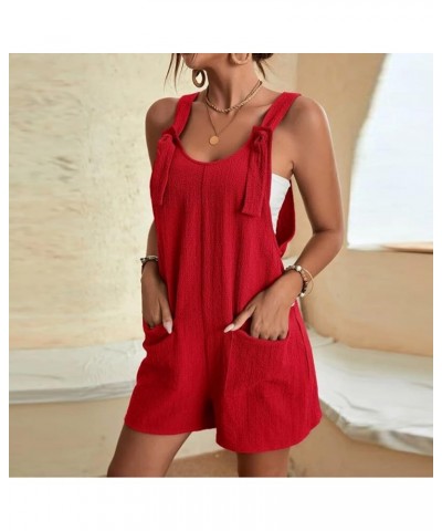 Womens Short Rompers Summer Casual Loose Sleeveless Overalls Linen Adjustable Tie Knot Strap Jumpsuits with Pockets Red $5.82...