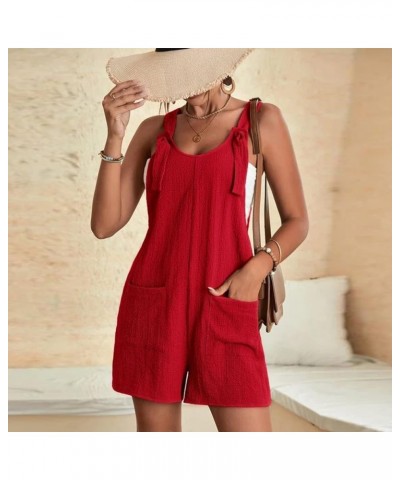 Womens Short Rompers Summer Casual Loose Sleeveless Overalls Linen Adjustable Tie Knot Strap Jumpsuits with Pockets Red $5.82...