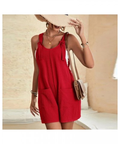 Womens Short Rompers Summer Casual Loose Sleeveless Overalls Linen Adjustable Tie Knot Strap Jumpsuits with Pockets Red $5.82...