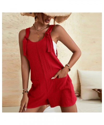 Womens Short Rompers Summer Casual Loose Sleeveless Overalls Linen Adjustable Tie Knot Strap Jumpsuits with Pockets Red $5.82...