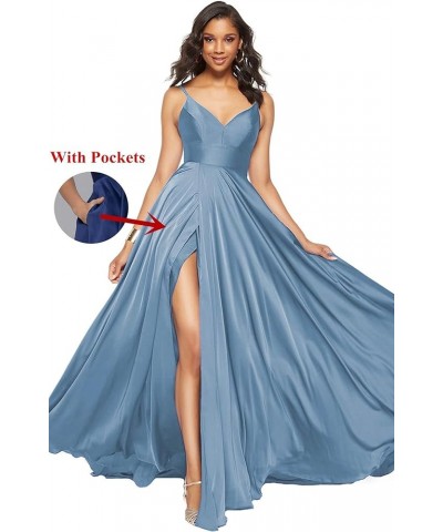 Women Long Prom Dresses Ball Gown Spaghetti Strap A Line Satin Formal Bridesmaid Dresses for Wedding with Slit ABC036 Light B...