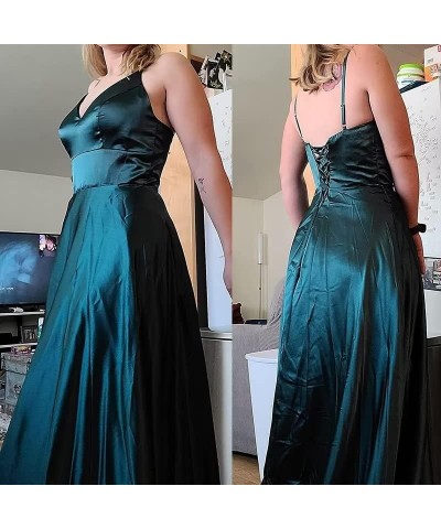 Women Long Prom Dresses Ball Gown Spaghetti Strap A Line Satin Formal Bridesmaid Dresses for Wedding with Slit ABC036 Light B...