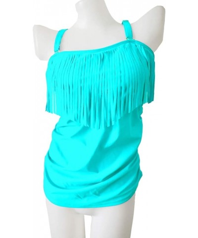 Women's Halter Top Tankini Fringe Swimwear Tassel Swimsuit Plus Size Sky Blue $15.48 Swimsuits