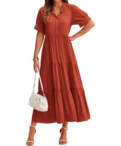 Women's Summer Dresses 2024 Casual Short Sleeve Button Loose Fit Pleated Boho Flowy Swing Long Beach Sun Dress Solid Brick Re...