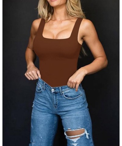 Women Tank Bodysuits Square Neck Sleeveless T Shirt Tank Tops Brown $9.67 Lingerie