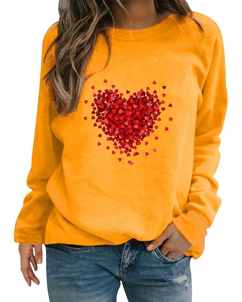 Valentines Day Shirts Women Sweatshirts Long Sleeve Funny Valentines Love Heart Oversized Grahic Pullover Tops Shirt Yellow-b...