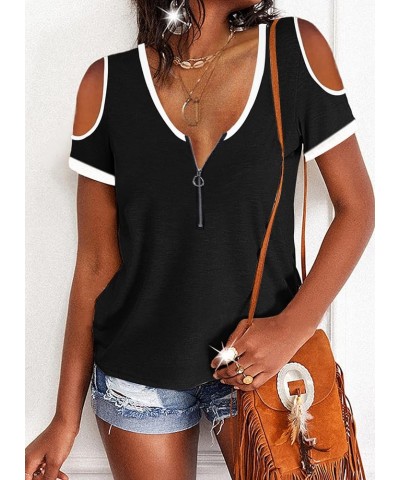 Women's Cold Shoulder Top Casual Scoop Neck Short Sleeve T-Shirt Z Black $10.49 T-Shirts