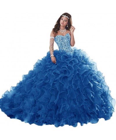 Women's Heavy Organza Ruffle Dress For Sweet 16 Prom Ball Gowns Blue $50.40 Dresses