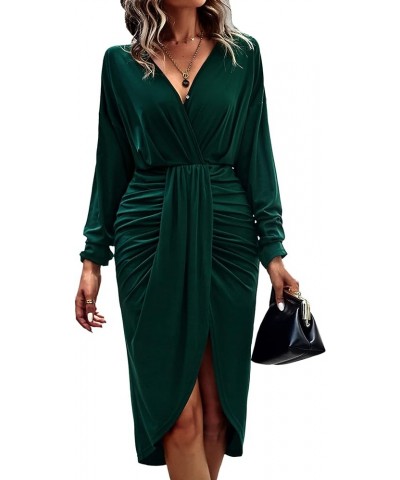 Women's Ruched Wrap Dress Long Sleeve V Neck Split Hem Draped Front Midi Bodycon Dresses Green $11.59 Dresses