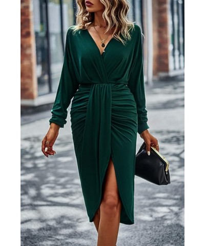 Women's Ruched Wrap Dress Long Sleeve V Neck Split Hem Draped Front Midi Bodycon Dresses Green $11.59 Dresses