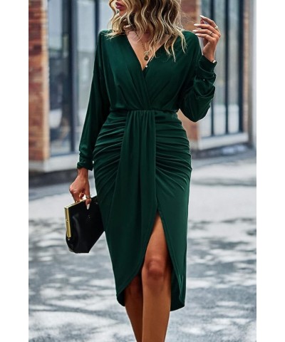 Women's Ruched Wrap Dress Long Sleeve V Neck Split Hem Draped Front Midi Bodycon Dresses Green $11.59 Dresses