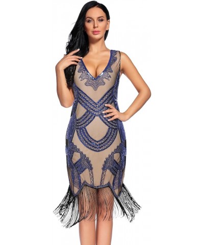 Women's 1920s Gatsby Dress V Neck Sequin Bead Fringed Cocktail Hem Flapper Dress Beige Blue $26.09 Dresses