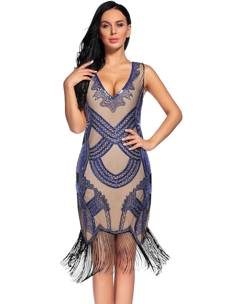 Women's 1920s Gatsby Dress V Neck Sequin Bead Fringed Cocktail Hem Flapper Dress Beige Blue $26.09 Dresses