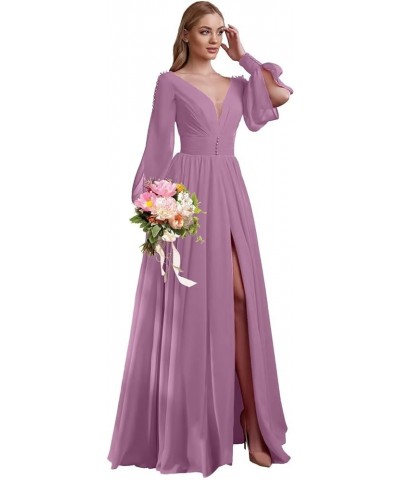 V Neck Bridesmaid Dresses Chiffon Long Sleeve Wedding Guest Dresses for Women Formal Evening Party Gowns with Slit Dusty Purp...