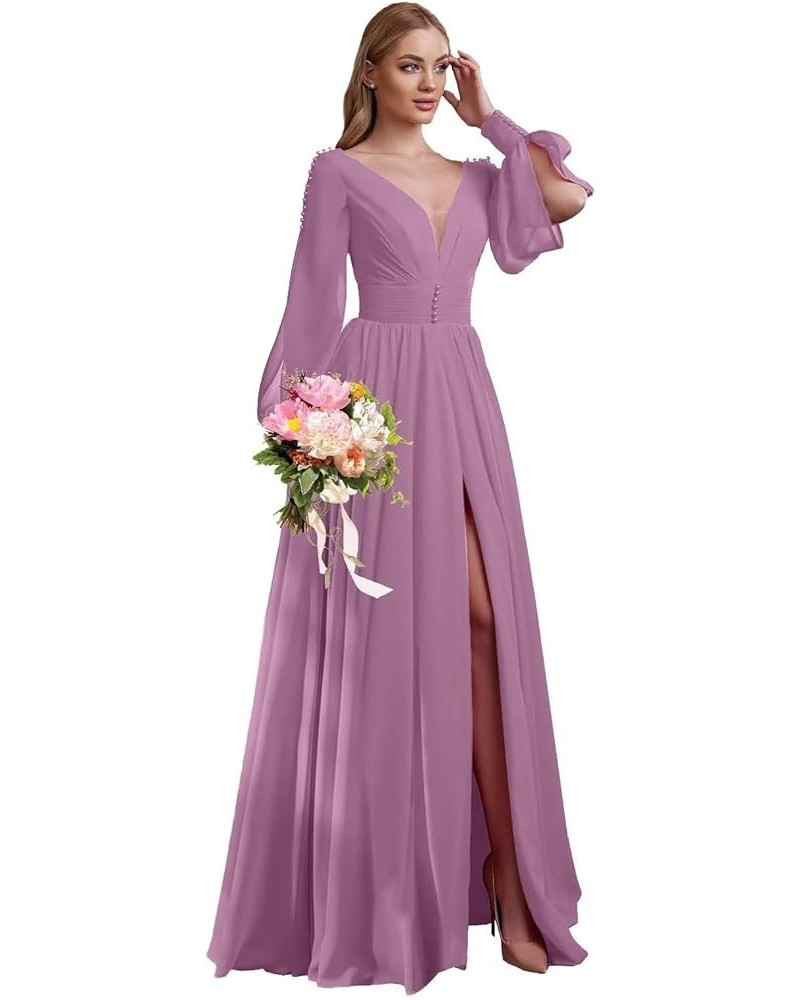 V Neck Bridesmaid Dresses Chiffon Long Sleeve Wedding Guest Dresses for Women Formal Evening Party Gowns with Slit Dusty Purp...