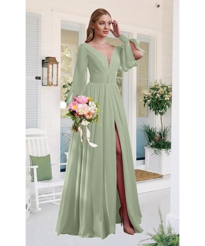 V Neck Bridesmaid Dresses Chiffon Long Sleeve Wedding Guest Dresses for Women Formal Evening Party Gowns with Slit Dusty Purp...