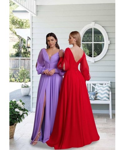 V Neck Bridesmaid Dresses Chiffon Long Sleeve Wedding Guest Dresses for Women Formal Evening Party Gowns with Slit Dusty Purp...