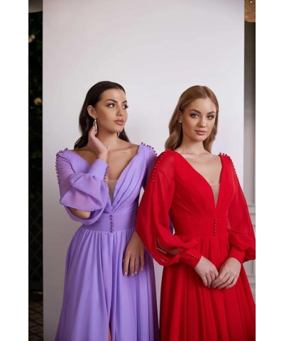 V Neck Bridesmaid Dresses Chiffon Long Sleeve Wedding Guest Dresses for Women Formal Evening Party Gowns with Slit Dusty Purp...