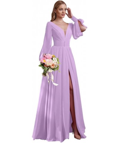 V Neck Bridesmaid Dresses Chiffon Long Sleeve Wedding Guest Dresses for Women Formal Evening Party Gowns with Slit Dusty Purp...