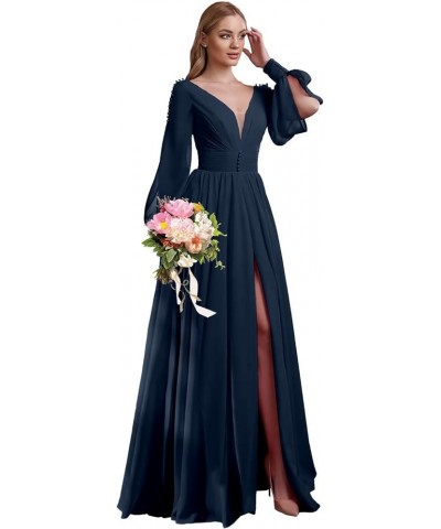 V Neck Bridesmaid Dresses Chiffon Long Sleeve Wedding Guest Dresses for Women Formal Evening Party Gowns with Slit Dusty Purp...