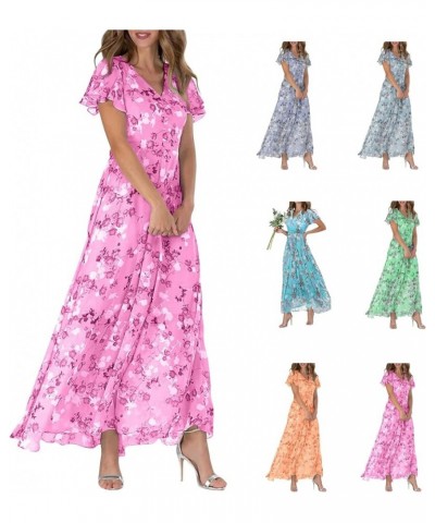 Women's Dresses Swing Long Dress Chiffon Floral Short Sleeve Ruffle V Neck Fashion Waist Flowy Dress Dresses, S-2XL Hot Pink ...