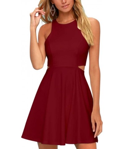 Women 2024 Sweet and Cute Sleeveless Racerback Flared Swing A-Line Waist Hollow Out Summer Short Dress Wine Red $14.52 Dresses