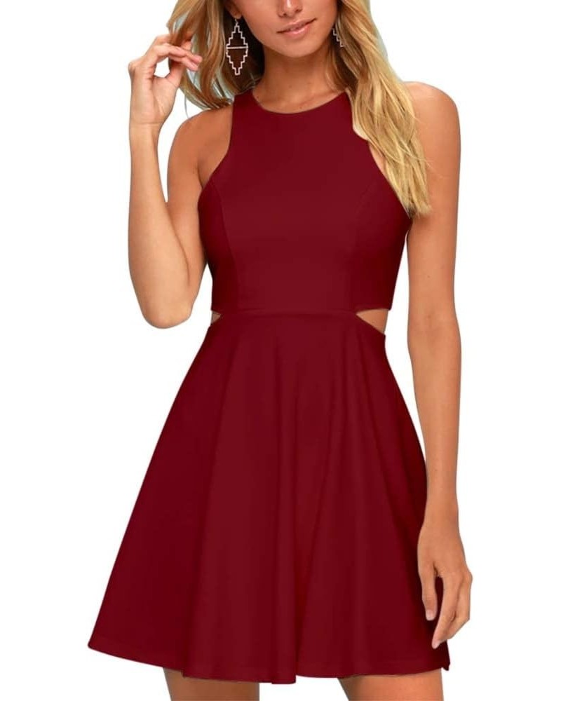 Women 2024 Sweet and Cute Sleeveless Racerback Flared Swing A-Line Waist Hollow Out Summer Short Dress Wine Red $14.52 Dresses