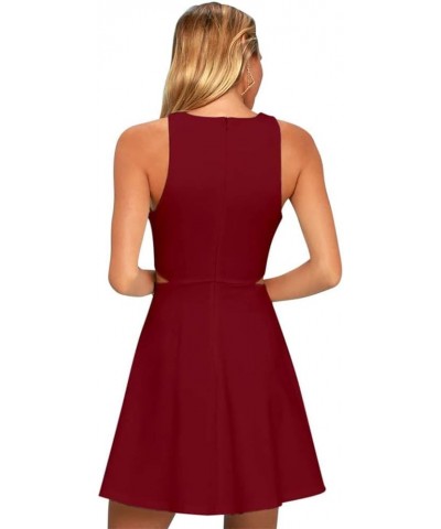 Women 2024 Sweet and Cute Sleeveless Racerback Flared Swing A-Line Waist Hollow Out Summer Short Dress Wine Red $14.52 Dresses