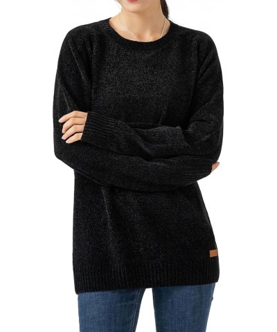 Women's Chenille Sweater Crewneck Long Sleeve Pullover Ribbed Cuff Hem Round Neck Jumper Tops Black $18.69 Sweaters