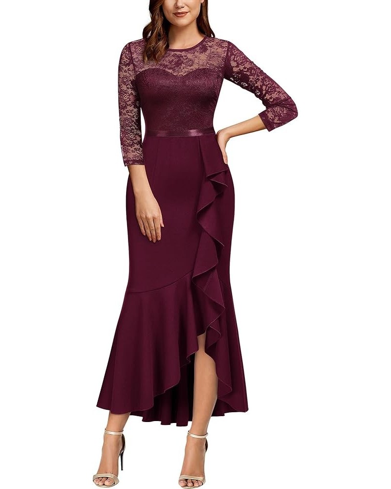 Women's Classy Floral Lace Ruffle Formal Bridesmaid Long Dress Burgundy $27.95 Dresses