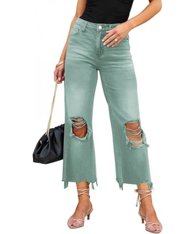 High Waisted Ripped Flare Jeans for Women Casual Distressed Pants Lake Green $23.03 Jeans