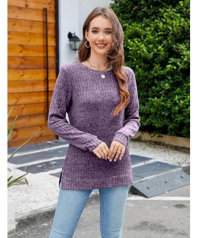 Womens Fall Sweaters Color Block Long Sleeve Shirts Crewneck Lightweight Pullover Casual Tunic Tops Purple $12.50 Sweaters