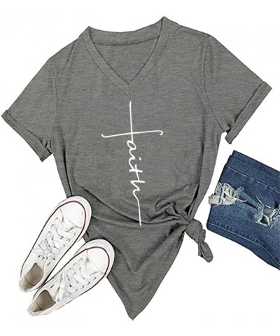 Women's V-Neck Summer Casual Letters Printed Short Sleeves Graphic T-Shirt Grey $11.39 T-Shirts