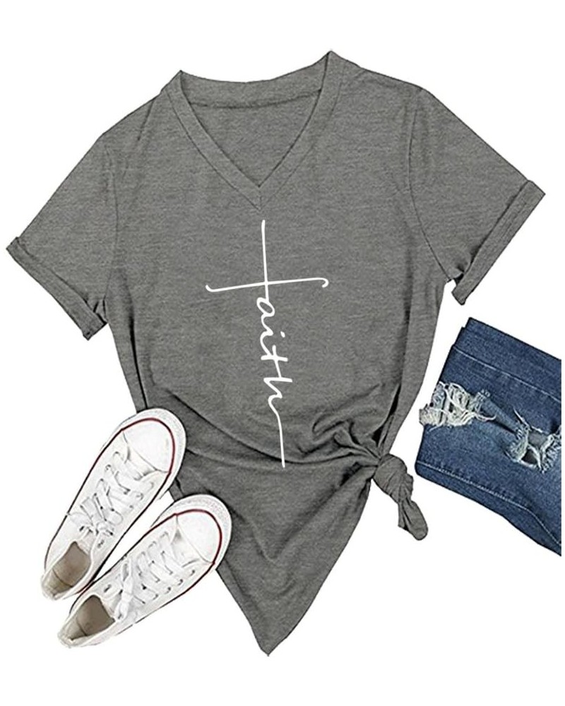 Women's V-Neck Summer Casual Letters Printed Short Sleeves Graphic T-Shirt Grey $11.39 T-Shirts