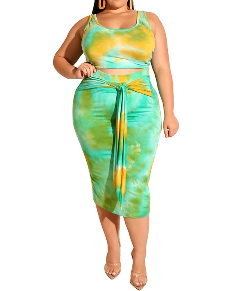 Plus Size Women 2 Piece Outfits Sets Sexy Tracksuit Midi Dress,Sleeveless Tank Top Bodycon Skirts Set Casual Summer Tie Dye L...