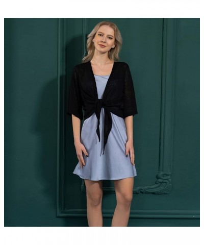 Women's Summer Cardigan Soft Casual Lightweight 3/4 Sleeve Sheer Tie Front Bolero Shrug Black $14.69 Sweaters