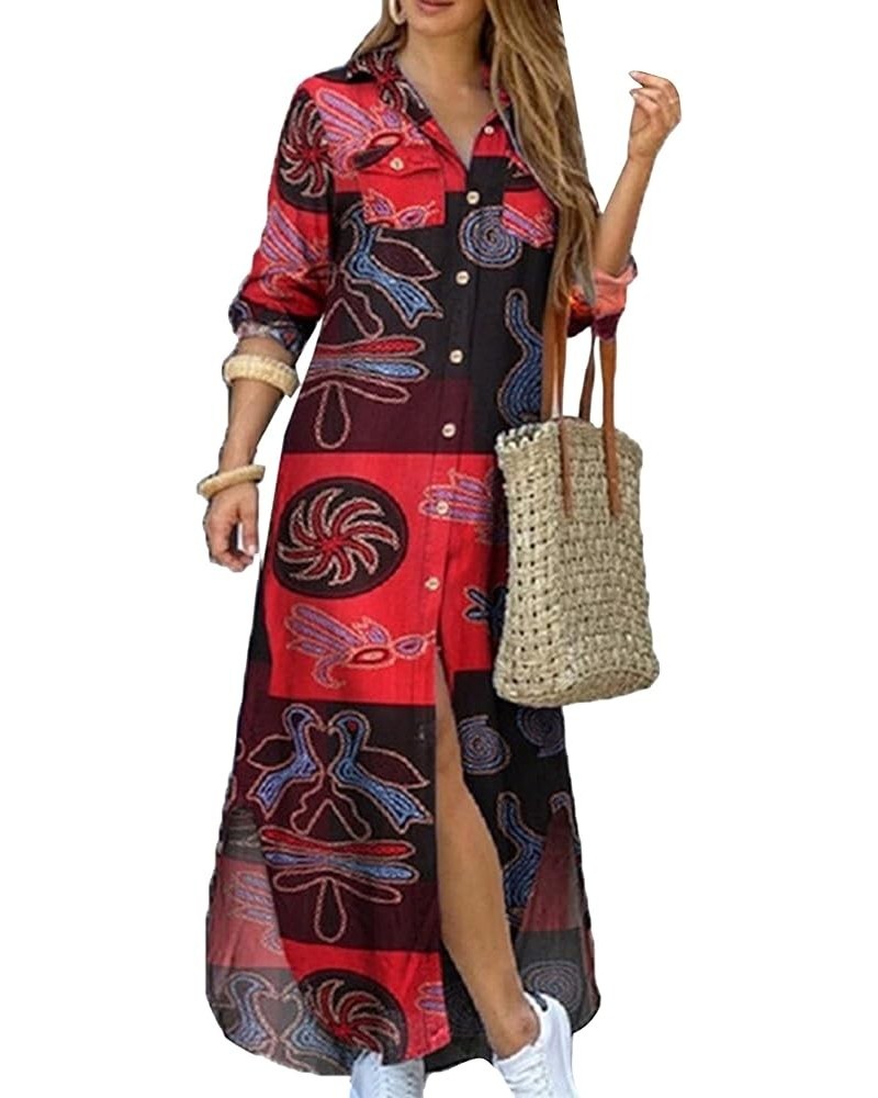 Spring Women's Shirt Dress Fashionable Summer Roll Up Sleeves Dress V-Neck Loose Ruffled Long Leisure Dress Red $11.25 Dresses