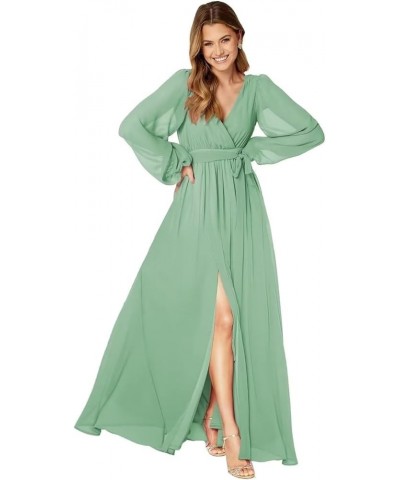 Long Sleeve Bridesmaid Dresses for Women Pleated Chiffon Slit Formal Evening Dresses with Pockets Dusty Sage $29.06 Dresses