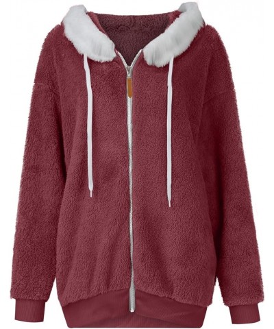 Womens Winter Fuzzy Fleece Jacket Hooded Full Zip Wool Padded Coat Sherpa Hoodie Lined Jacket Outerwear with Pockets Wine $10...