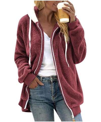 Womens Winter Fuzzy Fleece Jacket Hooded Full Zip Wool Padded Coat Sherpa Hoodie Lined Jacket Outerwear with Pockets Wine $10...