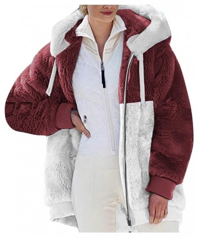 Womens Winter Fuzzy Fleece Jacket Hooded Full Zip Wool Padded Coat Sherpa Hoodie Lined Jacket Outerwear with Pockets Wine $10...