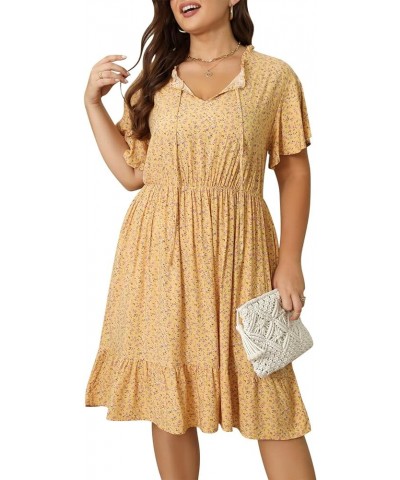 Womens Plus Size Boho Floral Print Tie V Neck Midi Flowy Dress with Pocket NEM416 Yellow Print $18.86 Dresses